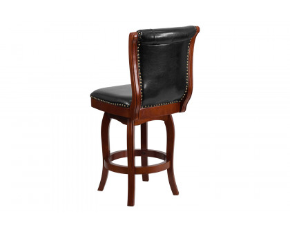 BLNK Wood Counter Height Stool with Button Tufted Back and Black Swivel Seat - Cherry