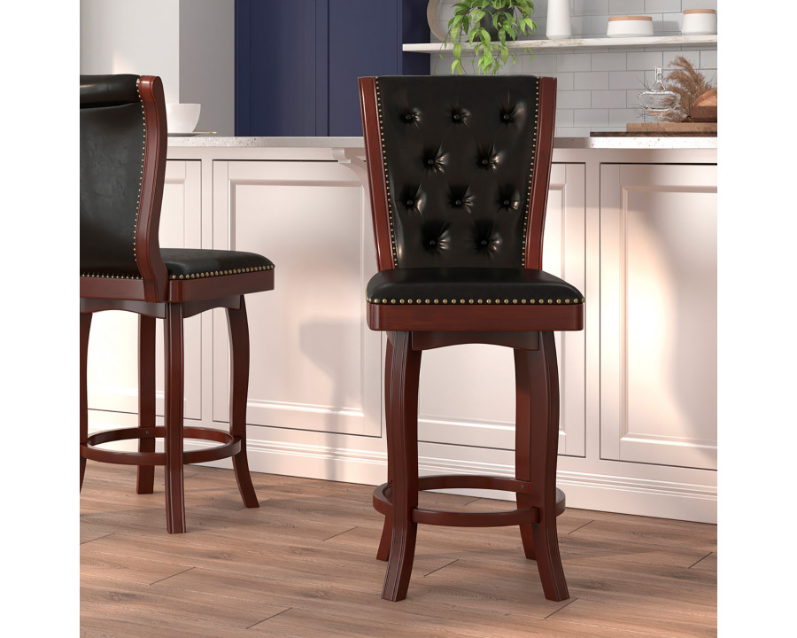 BLNK Ellison Wood Bar Stool with Button Tufted Back and Black Swivel Seat