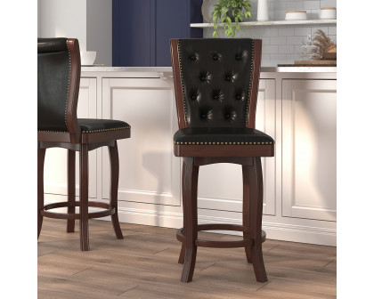 BLNK Ellison Wood Bar Stool with Button Tufted Back and Black Swivel Seat