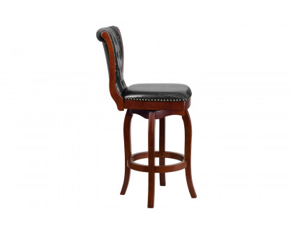 BLNK Ellison Wood Bar Stool with Button Tufted Back and Black Swivel Seat - Cherry