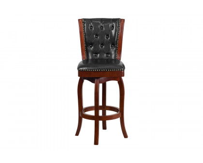 BLNK Ellison Wood Bar Stool with Button Tufted Back and Black Swivel Seat - Cherry