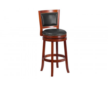 BLNK Ebert Dark Cherry Wood Bar Stool with Open Panel Back and Walnut Swivel Seat