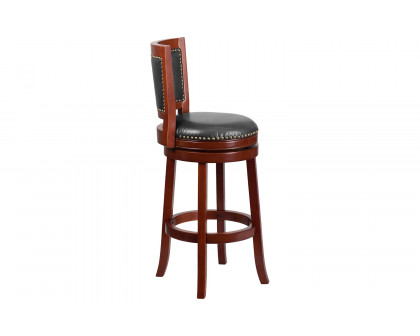 BLNK Ebert Dark Cherry Wood Bar Stool with Open Panel Back and Walnut Swivel Seat