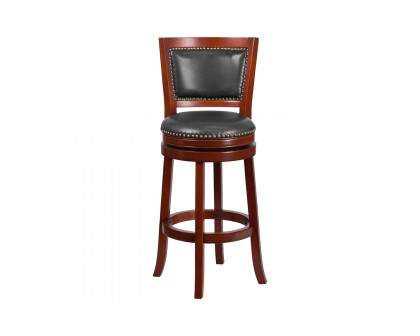 BLNK Ebert Dark Cherry Wood Bar Stool with Open Panel Back and Walnut Swivel Seat