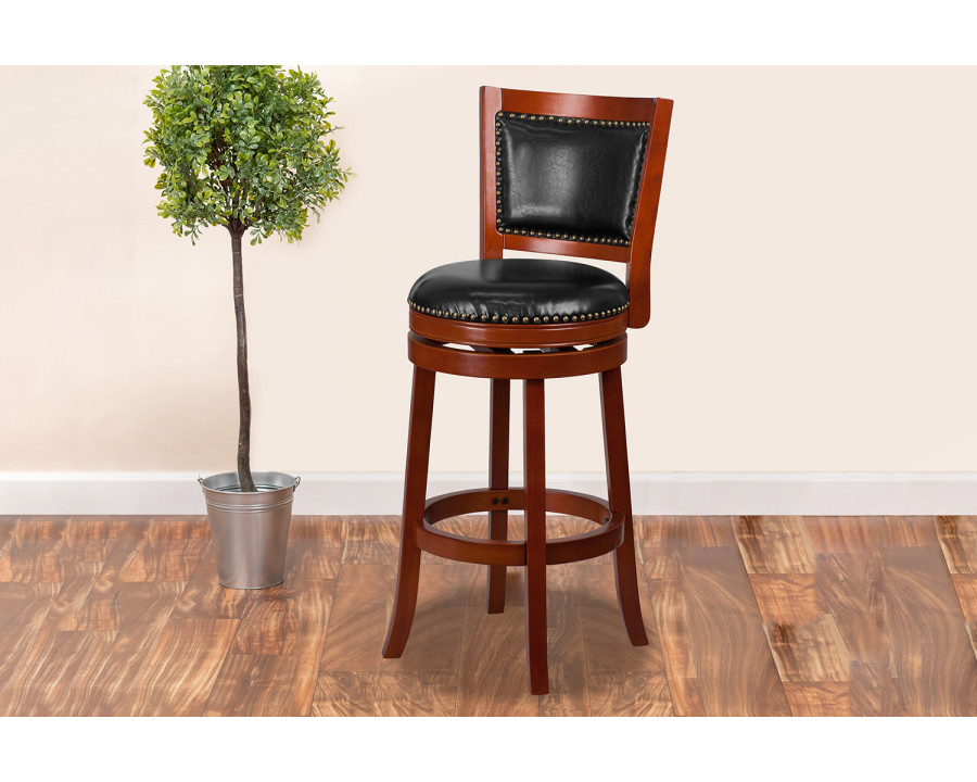 BLNK Ebert Dark Cherry Wood Bar Stool with Open Panel Back and Walnut Swivel Seat