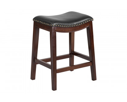 BLNK Alphus Wood Backless Counter Height Stool with Black Saddle Seat - Cappuccino