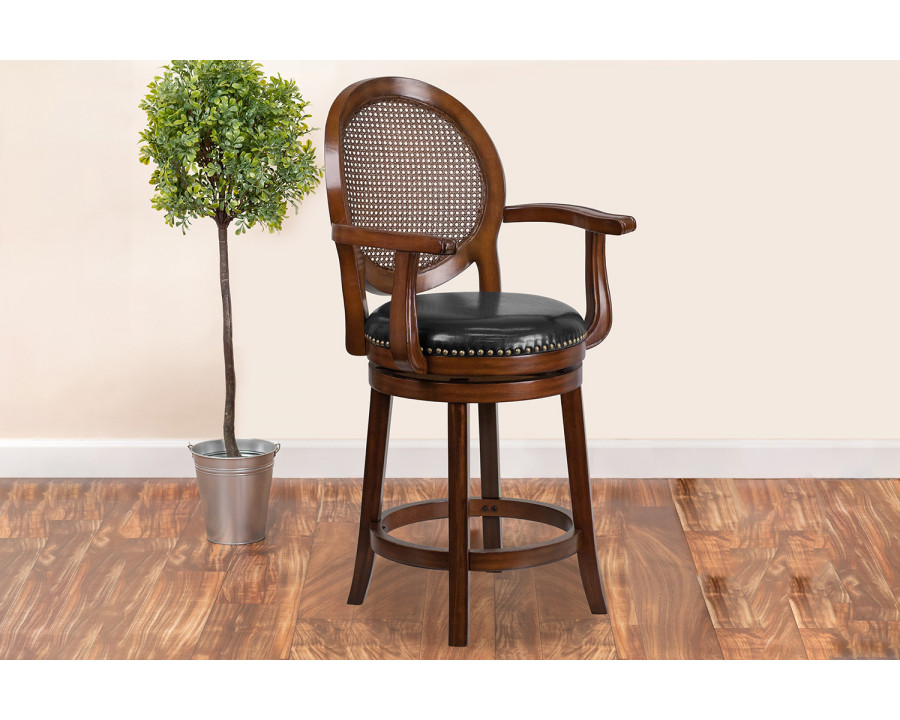 BLNK - Victor Expresso Wood Counter Height Stool with Arms, Woven Rattan Back and Black Swivel Seat