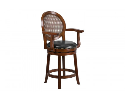 BLNK - Victor Expresso Wood Counter Height Stool with Arms, Woven Rattan Back and Black Swivel Seat