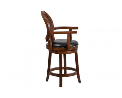 BLNK - Victor Expresso Wood Counter Height Stool with Arms, Woven Rattan Back and Black Swivel Seat