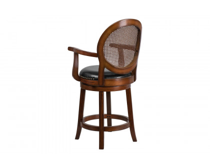 BLNK - Victor Expresso Wood Counter Height Stool with Arms, Woven Rattan Back and Black Swivel Seat