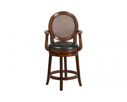 BLNK - Victor Expresso Wood Counter Height Stool with Arms, Woven Rattan Back and Black Swivel Seat