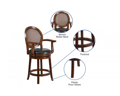 BLNK - Victor Expresso Wood Counter Height Stool with Arms, Woven Rattan Back and Black Swivel Seat