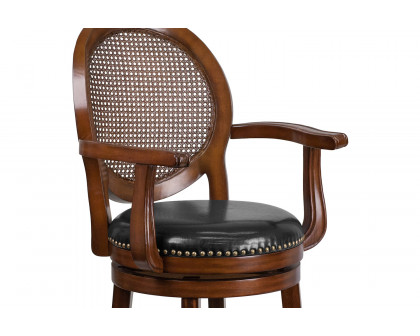 BLNK - Victor Expresso Wood Counter Height Stool with Arms, Woven Rattan Back and Black Swivel Seat