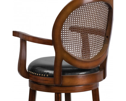 BLNK - Victor Expresso Wood Counter Height Stool with Arms, Woven Rattan Back and Black Swivel Seat