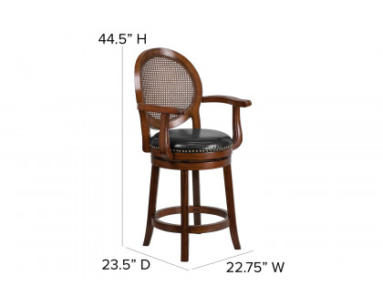 BLNK - Victor Expresso Wood Counter Height Stool with Arms, Woven Rattan Back and Black Swivel Seat