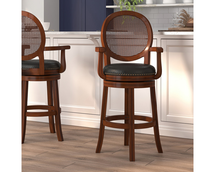 BLNK - Victor Expresso Wood Bar Stool with Arms, Woven Rattan Back and Black Swivel Seat