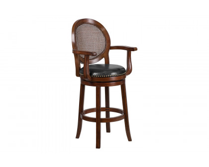 BLNK - Victor Expresso Wood Bar Stool with Arms, Woven Rattan Back and Black Swivel Seat