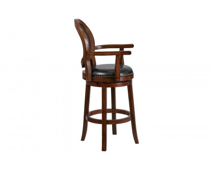 BLNK - Victor Expresso Wood Bar Stool with Arms, Woven Rattan Back and Black Swivel Seat