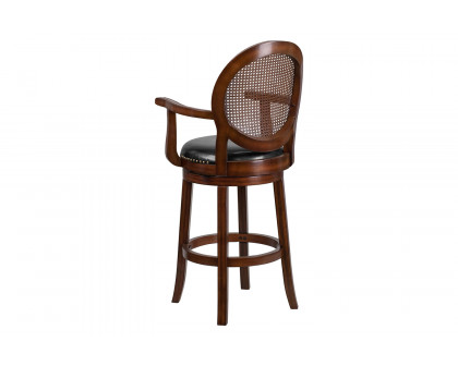 BLNK - Victor Expresso Wood Bar Stool with Arms, Woven Rattan Back and Black Swivel Seat