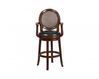 BLNK - Victor Expresso Wood Bar Stool with Arms, Woven Rattan Back and Black Swivel Seat