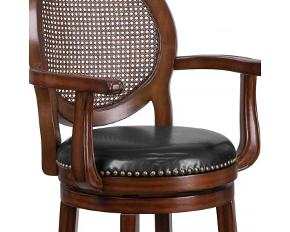 BLNK - Victor Expresso Wood Bar Stool with Arms, Woven Rattan Back and Black Swivel Seat