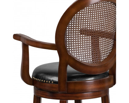 BLNK - Victor Expresso Wood Bar Stool with Arms, Woven Rattan Back and Black Swivel Seat