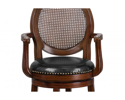 BLNK - Victor Expresso Wood Bar Stool with Arms, Woven Rattan Back and Black Swivel Seat