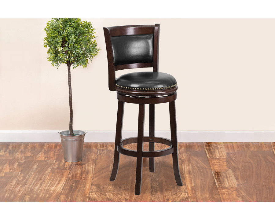 BLNK - Mark Cappuccino Wood Bar Stool with Panel Back and Black Swivel Seat