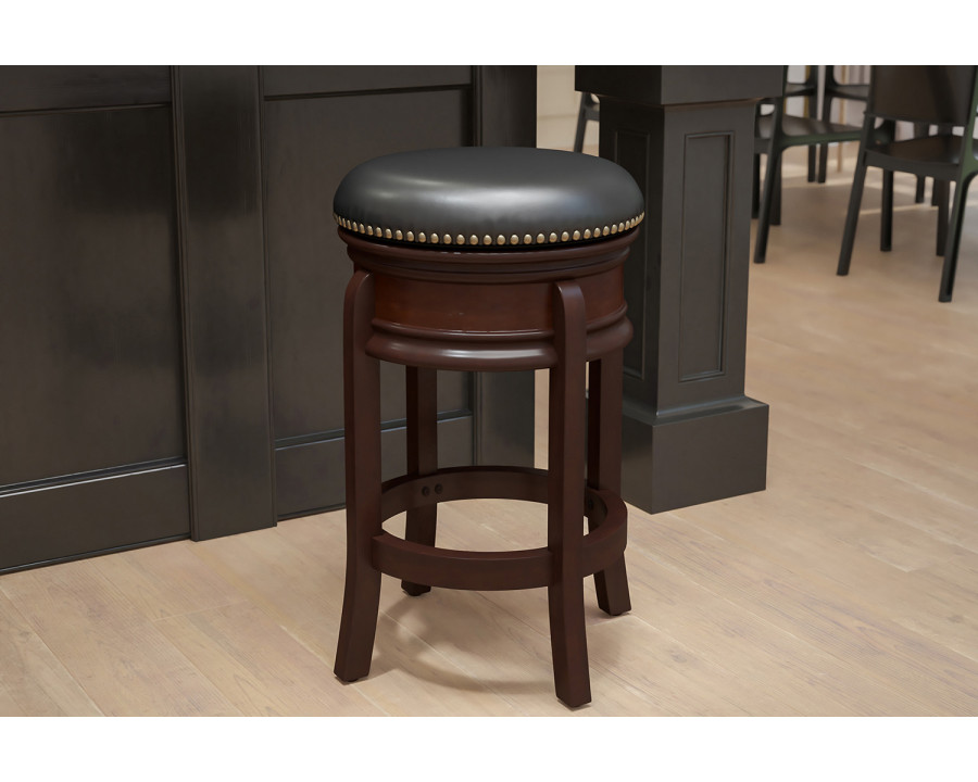 BLNK - Carol LeatherSoft Backless Cappuccino Wood Counter Height Stool with Carved Apron and Swivel Seat