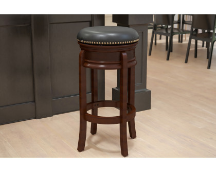 BLNK Carol Backless Wood Bar Stool with Carved Apron and Black Swivel Seat