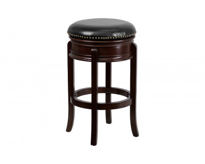 BLNK Carol Backless Wood Bar Stool with Carved Apron and Black Swivel Seat - Cappuccino