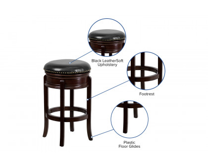 BLNK Carol Backless Wood Bar Stool with Carved Apron and Black Swivel Seat - Cappuccino