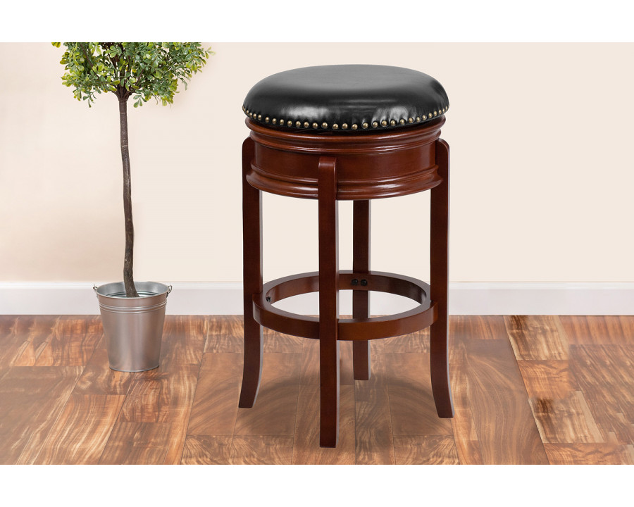 BLNK Carol Backless Wood Bar Stool with Carved Apron and Black Swivel Seat