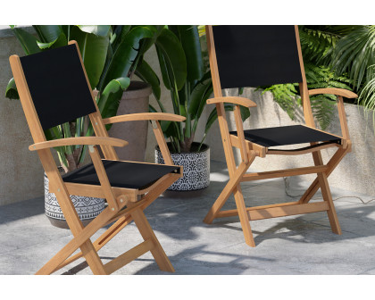 BLNK - Martindale Indoor-Outdoor Folding Acacia Wood Patio Bistro Chairs with Natural X Base Frame with Arms and Black Textilene Back and Seat Set of 2