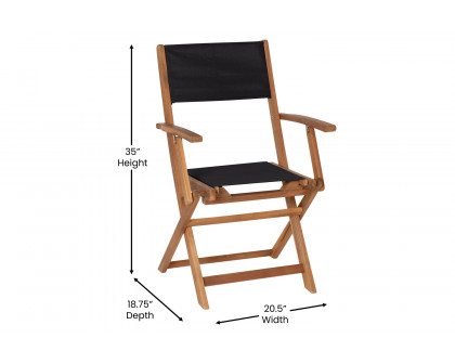 BLNK - Martindale Indoor-Outdoor Folding Acacia Wood Patio Bistro Chairs with Natural X Base Frame with Arms and Black Textilene Back and Seat Set of 2