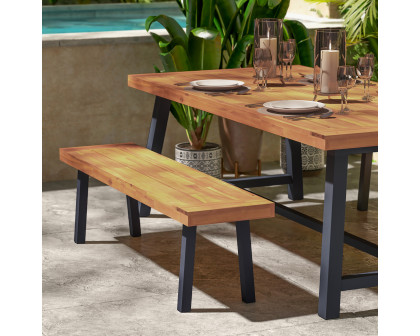 BLNK - Martindale Solid Acacia Wood Patio Dining Bench for 2 with Slatted Top and Black Flared Wooden Legs in a Natural Finish