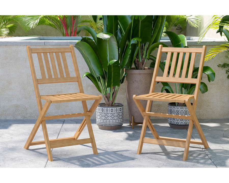 BLNK - Martindale Indoor-Outdoor Folding Acacia Wood Patio Bistro Chairs with X Base Frame and Slatted Back and Seat in Natural Finish Set of 2