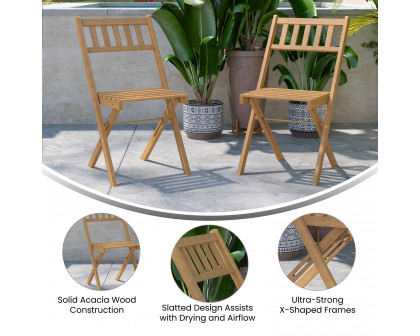 BLNK - Martindale Indoor-Outdoor Folding Acacia Wood Patio Bistro Chairs with X Base Frame and Slatted Back and Seat in Natural Finish Set of 2