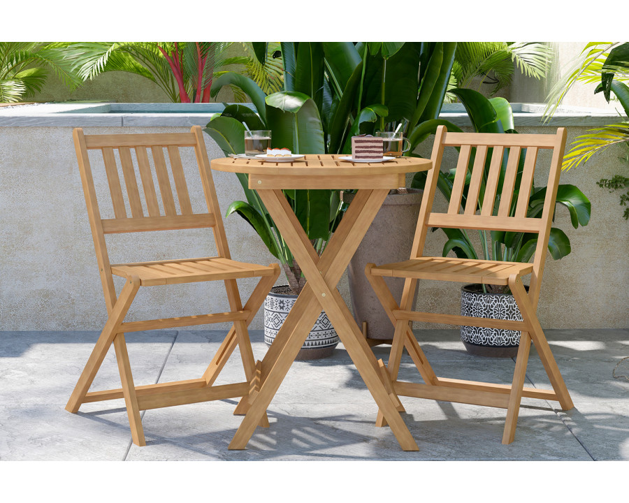 BLNK - Martindale Indoor-Outdoor Folding Patio Bistro Set, Indoor-Outdoor Acacia Round Wood Table and 2 Chair Set with Slatted Design, Natural Finish 3 Piece