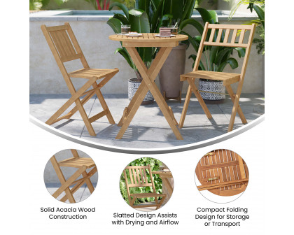 BLNK - Martindale Indoor-Outdoor Folding Patio Bistro Set, Indoor-Outdoor Acacia Round Wood Table and 2 Chair Set with Slatted Design, Natural Finish 3 Piece