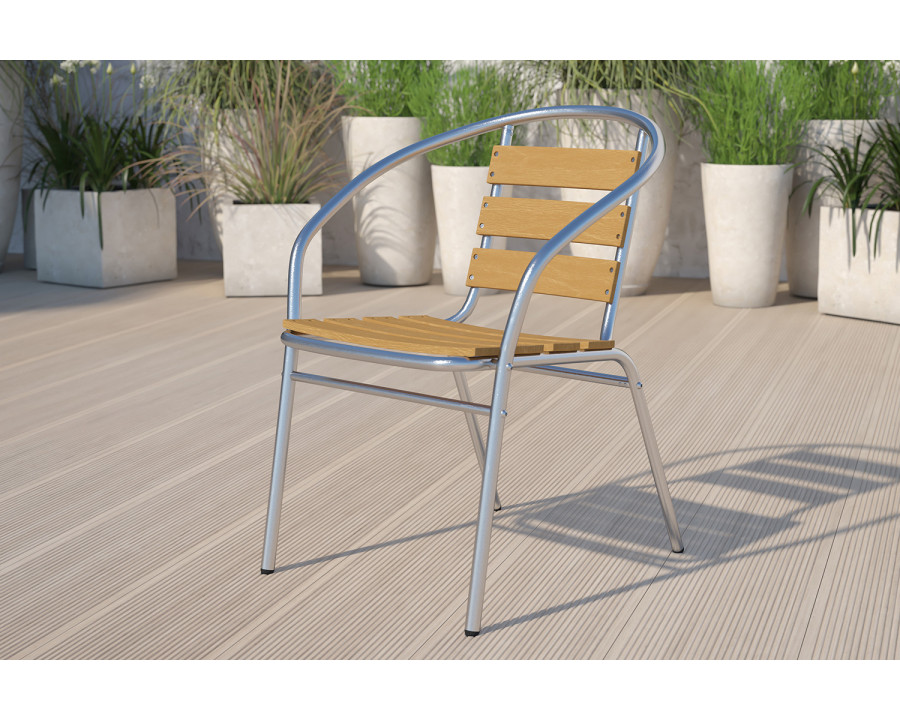 BLNK - Lila Commercial Aluminum Indoor-Outdoor Restaurant Stack Chair with Triple Slat Faux Teak Back