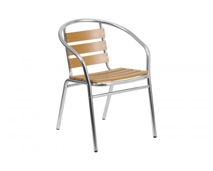 BLNK - Lila Commercial Aluminum Indoor-Outdoor Restaurant Stack Chair with Triple Slat Faux Teak Back