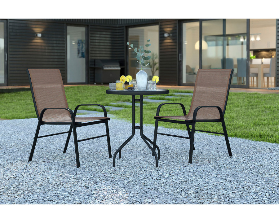 BLNK Brazos Outdoor Patio Dining Set with Round Tempered Glass Patio Table and 2 Flex Comfort Stack Chairs 3 Piece