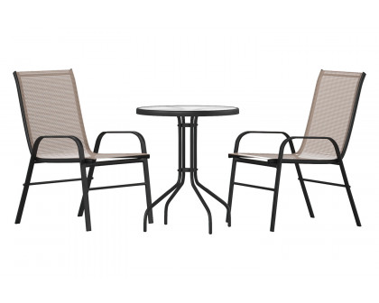 BLNK Brazos Outdoor Patio Dining Set with Round Tempered Glass Patio Table and 2 Flex Comfort Stack Chairs 3 Piece