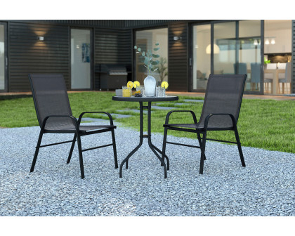 BLNK Brazos Outdoor Patio Dining Set with Round Tempered Glass Patio Table and 2 Flex Comfort Stack Chairs 3 Piece