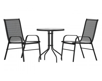 BLNK Brazos Outdoor Patio Dining Set with Round Tempered Glass Patio Table and 2 Flex Comfort Stack Chairs 3 Piece - Black