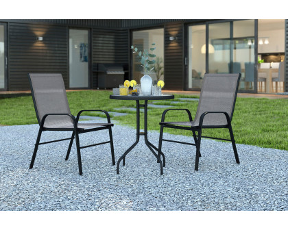 BLNK Brazos Outdoor Patio Dining Set with Round Tempered Glass Patio Table and 2 Flex Comfort Stack Chairs 3 Piece