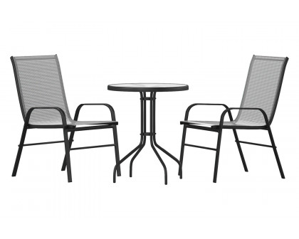 BLNK Brazos Outdoor Patio Dining Set with Round Tempered Glass Patio Table and 2 Flex Comfort Stack Chairs 3 Piece - Gray