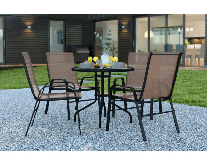 BLNK Brazos Outdoor Patio Dining Set with Round Tempered Glass Patio Table and 4 Flex Comfort Stack Chairs 5 Piece