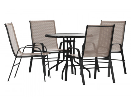 BLNK Brazos Outdoor Patio Dining Set with Round Tempered Glass Patio Table and 4 Flex Comfort Stack Chairs 5 Piece - Brown